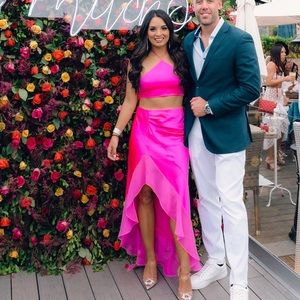 Retrofete Mesta Silk Top & Belinda Silk Skirt Set in Neon Pink